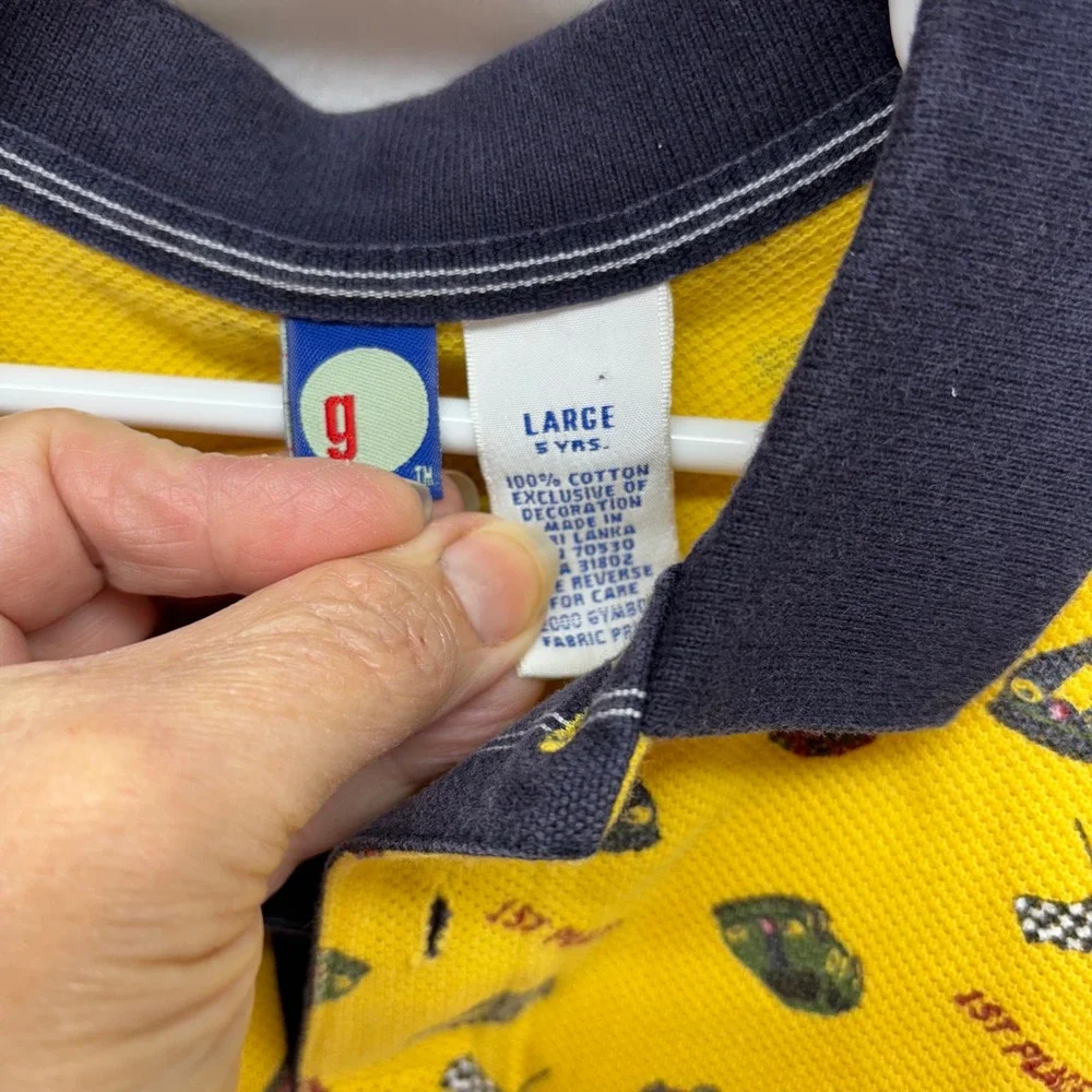 Vintage Kids Gymboree Large Yellow Racing Cars Flags Polo Shirt Cotton‎ 5 Yrs